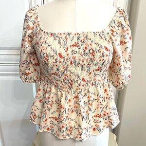 Loness Large Off Shoulder Smocked Puff Sleeve Blouse Cream Floral Print Peplum